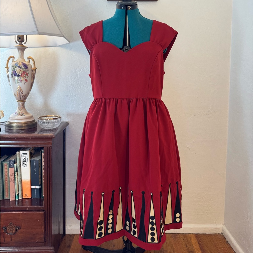 Modcloth Bea Dot Rich Burgundy Dress Backgammon border print